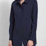 color=True Navy, front view, best selling women's button up shirt in soft resilient microfiber, white denim leggings 