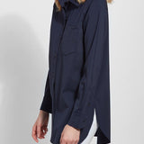 color=True Navy, side angle, best selling women's button up shirt in soft resilient microfiber, over white denim leggings