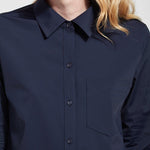 color=True Navy, neckline detail, best selling women's button up shirt in soft resilient microfiber