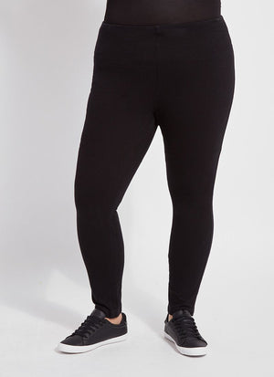 color=Black, front view, versatile denim jean leggings with smoothing and slimming control comfort waistband