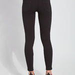 color=Black, Rear view of black  toothpick denim jean leggings with patented concealed waistband, seen from waist down