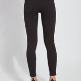 color=Black, Rear view of black  toothpick denim jean leggings with patented concealed waistband, seen from waist down