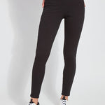 color=Black, Front view of black  toothpick denim jean leggings with patented concealed waistband, seen from waist down