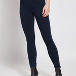 color=Indigo, Front view of indigo  toothpick denim jean leggings with patented concealed waistband, seen from waist down