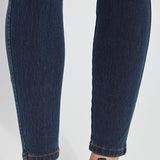 color=Indigo, Front detail view of lower legs, indigo color  toothpick denim jean leggings with patented concealed waistband