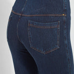 color=Indigo, Rear detail view of indigo  toothpick denim jean leggings with patented concealed waistband