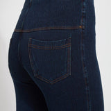 color=Indigo, Angled rear detail view of indigo  toothpick denim jean leggings with patented concealed waistband