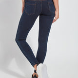 color=Indigo, Rear view of indigo  toothpick denim jean leggings with patented concealed waistband, seen from waist down