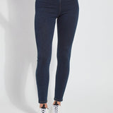 color=Indigo, front view of indigo toothpick denim jean leggings with patented concealed waistband, seen from waist down