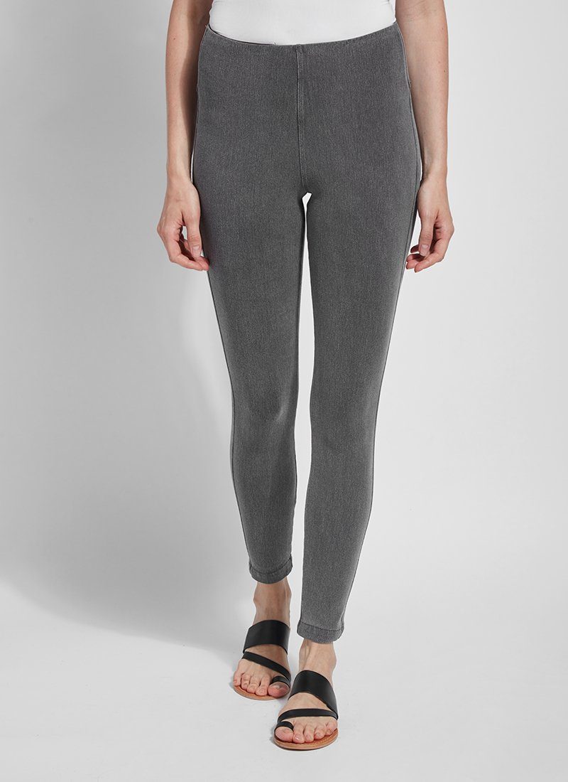 color=Mid Grey, Front view of mid grey  toothpick denim jean leggings with patented concealed waistband, seen from waist down