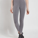 color=Mid Grey, Front view of mid grey  toothpick denim jean leggings with patented concealed waistband, seen from waist down