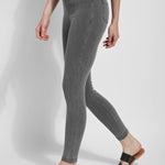 color=Mid Grey, Side view of mid grey  toothpick denim jean leggings with patented concealed waistband, seen from waist down