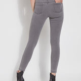 color=Mid Grey, Rear view of mid grey,  toothpick denim jean leggings with patented concealed waistband, seen from waist down