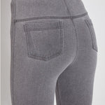 color=Mid Grey, Angled rear detail view of mid grey,  toothpick denim jean leggings with patented concealed waistband