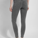 color=Mid Grey, Rear view of mid grey  toothpick denim jean leggings with patented concealed waistband, seen from waist down