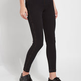 color=Midtown Black, Front angle view of midtown black  toothpick denim jean leggings with patented concealed waistband, seen from waist down