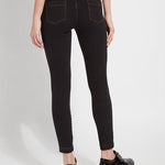 color=Midtown Black, rear view of midtown black  toothpick denim jean leggings with patented concealed waistband, seen from waist down