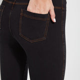 color=Midtown Black, Rear detail view of midtown black,  toothpick denim jean leggings with patented concealed waistband