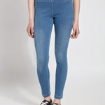 color=Mid Wash, Front view of mid wash  toothpick denim jean leggings with patented concealed waistband, seen from waist down