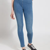 color=Mid Wash, Front view of mid wash blue,  toothpick denim jean leggings with patented concealed waistband, seen from waist down