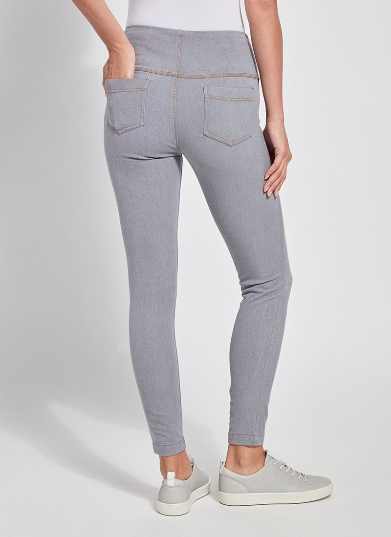 color=Uptown Grey, Rear view of uptown gray  toothpick denim jean leggings with patented concealed waistband, seen from waist down