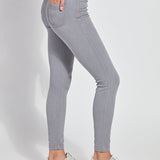 color=Uptown Grey, Side view of uptown gray  toothpick denim jean leggings with patented concealed waistband, seen from waist down