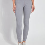 color=Uptown Grey, Front view of uptown gray  toothpick denim jean leggings with patented concealed waistband, seen from waist down