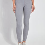 color=Uptown Grey, Front view of uptown gray  toothpick denim jean leggings with patented concealed waistband, seen from waist down