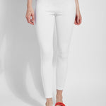 color=White, Front view of white  toothpick denim jean leggings with patented concealed waistband, seen from waist down