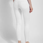 color=White, Rear view of white  toothpick denim jean leggings with patented concealed waistband, seen from waist down