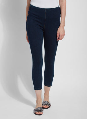 color=Indigo, front view, crop length denim jean leggings with concealed waistband for flattering, slimming fit