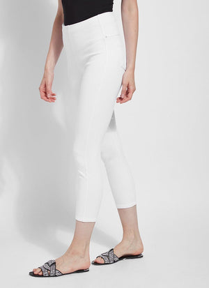 color=White, side view, crop length denim jean leggings with concealed waistband for flattering, slimming fit