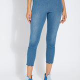 color=Mid Wash, summer denim jegging with scalloped hemline. Cropped, slim legging with comfort waistband