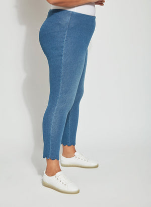 color=Mid Wash, side view, plus size summer denim jegging with scalloped hem detail, cropped, slim profile