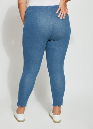 color=Mid Wash, back view, plus size summer denim jegging with scalloped hem detail, cropped, slim profile