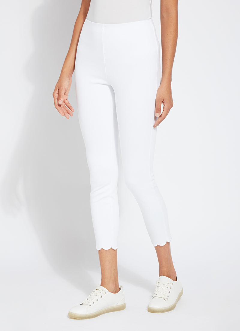 color=White, front view, comfortable summer denim jegging with scalloped hemline. Cropped, slim legging with comfort waistband