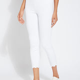 color=White, front view, comfortable summer denim jegging with scalloped hemline. Cropped, slim legging with comfort waistband