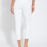 color=White, back view, comfortable summer denim jegging with scalloped hemline. Cropped, slim legging with comfort waistband