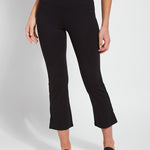 color=Black, front view, lightweight ponte legging with body-hugging fit to knee, flare opening, side slit, comfort waistband