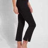 color=Black, side view, lightweight ponte legging with body-hugging fit to knee, flare opening, side slit, comfort waistband