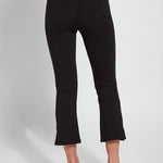 color=Black, back view, lightweight ponte legging with body-hugging fit to knee, flare opening, side slit, comfort waistband