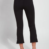 color=Black, back view, lightweight ponte legging with body-hugging fit to knee, flare opening, side slit, comfort waistband