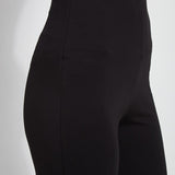 color=Black, waist detail, lightweight ponte legging with body-hugging fit to knee, flare opening, side slit, comfort waistband