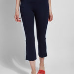 color=True Navy, front view, lightweight ponte legging with body-hugging fit to knee, flare opening, side slit, comfort waistband