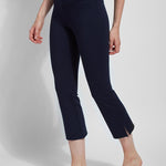 color=True Navy, front angle, lightweight ponte legging with body-hugging fit to knee, flare opening, side slit, comfort waistband