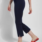 color=True Navy, side view, lightweight ponte legging with body-hugging fit to knee, flare opening, side slit, comfort waistband