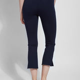 color=True Navy, back view, lightweight ponte legging with body-hugging fit to knee, flare opening, side slit, comfort waistband