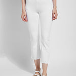 color=White, front view, lightweight ponte legging with body-hugging fit to knee, flare opening, side slit, comfort waistband