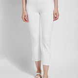 color=White, front view, lightweight ponte legging with body-hugging fit to knee, flare opening, side slit, comfort waistband