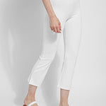 color=White, front angle, lightweight ponte legging with body-hugging fit to knee, flare opening, side slit, comfort waistband